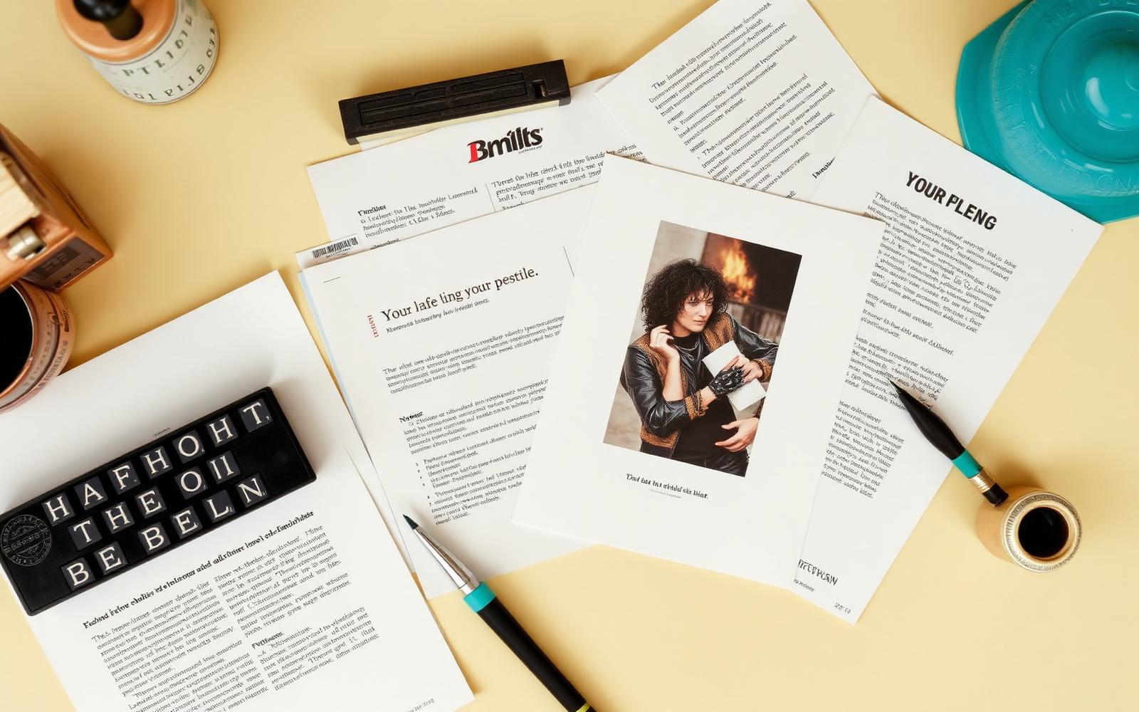 A desk with printed flyers laid out in a grid, showing bold headline type and generous white space