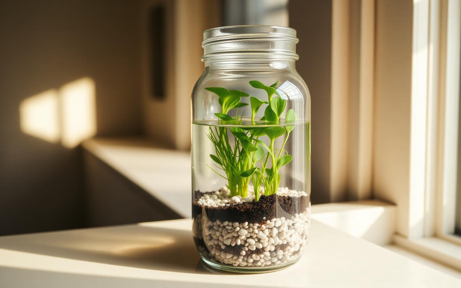 A wide-mouth preserving jar filled with gravel, water and a green aquatic plant sitting on a sunlit windowsill
