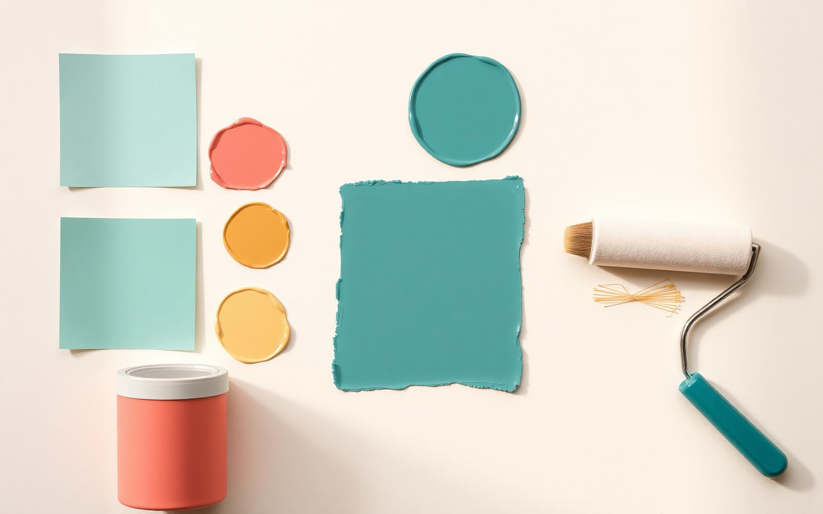Large painted paper colour swatches leaning against a wall in daylight beside a window