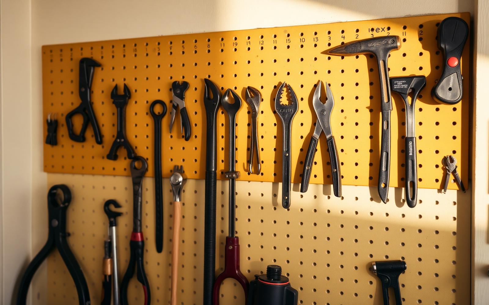 A dark painted pegboard wall with hand tools hung in an organised layout above a narrow shelf