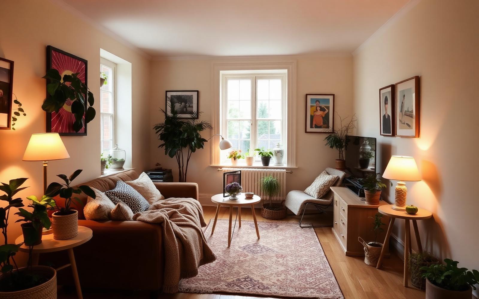 A warmly lit rented living room with a large rug, floor lamp, leaning mirror and full-length curtains